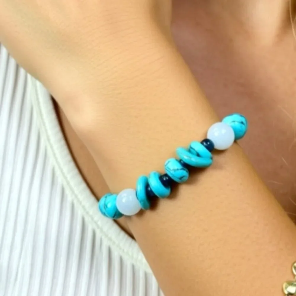 White Jade & Turquoise  Natural Stone Unisex Stretch Bracelet 8